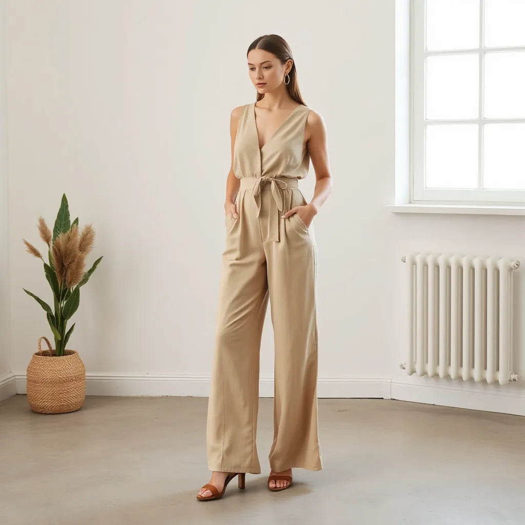 Klädd kvinna i utsvängd jumpsuit med tydlig vida benfall och enkel, ljus bakgrund