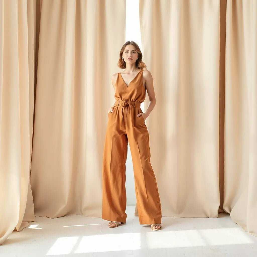 Brown Wide-Leg Jumpsuit featuring a tie waist and a stylish design.
