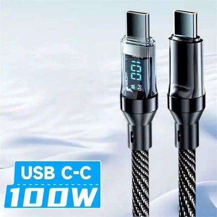 USB C-C 100W charging cable with digital display showing power output, featuring a durable braided design.