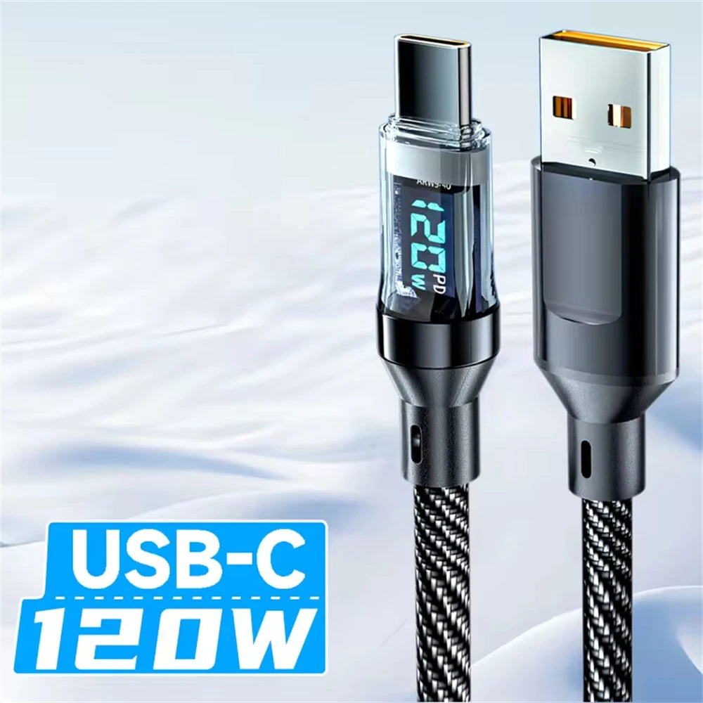 100W USB C 120W USB A Charging Cables with LED Display Screen, USB C=C-C，USB A=A-C, Not for Xiaomi iPhone Samsung