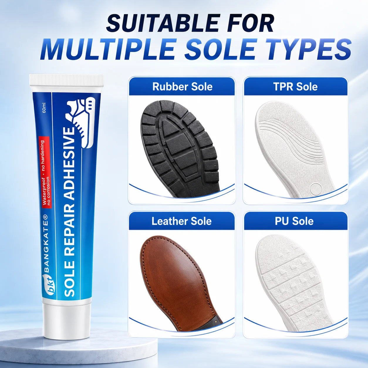 Sole Repair Adhesive 60mL, Waterproof Flexible Shoe Glue for Rubber, Leather, PU and TPR Soles, with Applicator and Sanding Disc
