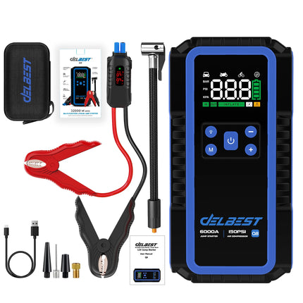 All-in-One 12V 32000mAh 6000A Jump Start 150PSI Air Pump 65W PD Charger & Tire Pressure Monitor for Compact Cars/Motorcycles