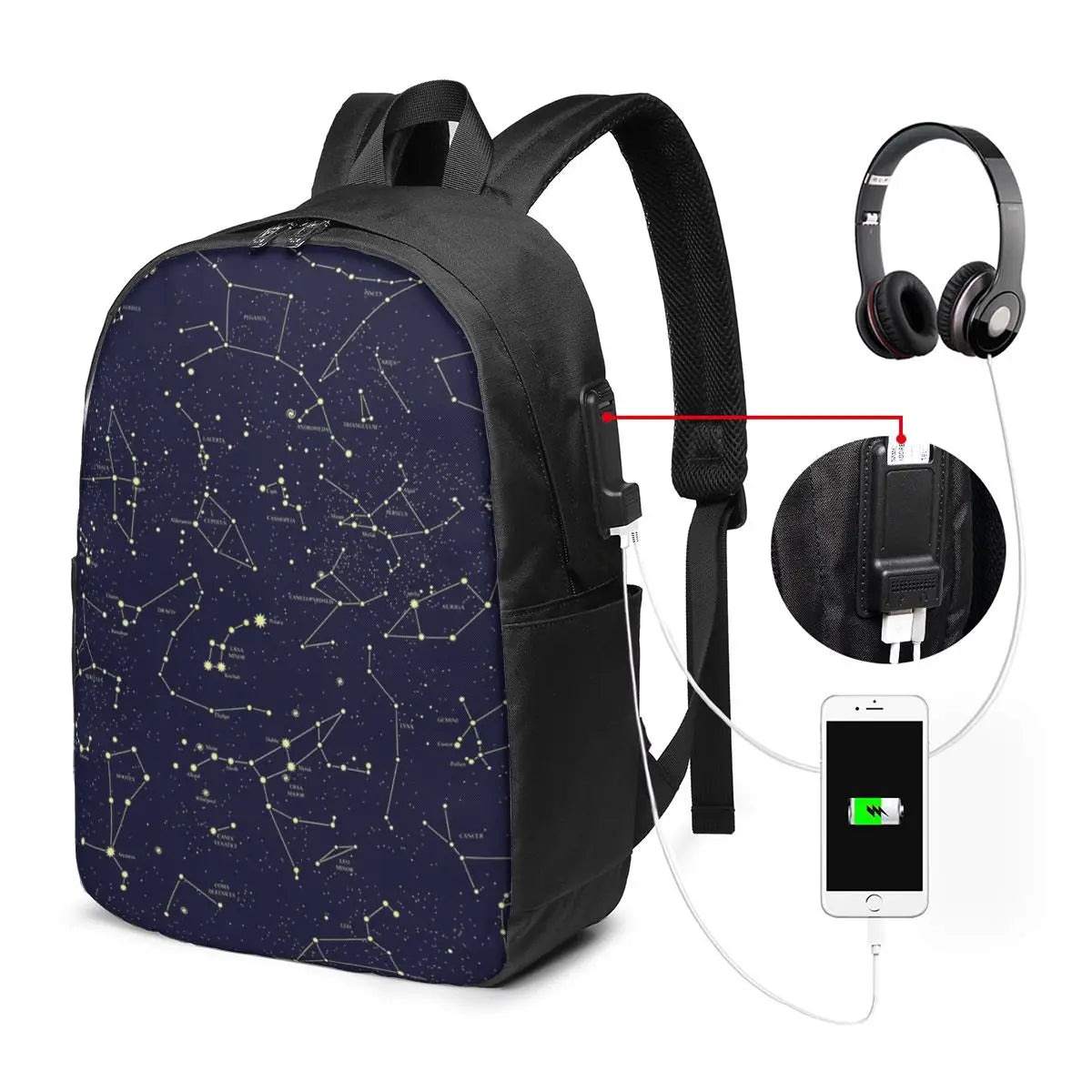 Night Sky Golden Celestial Stars Zodiac Constellations Backpack Travel Notebook Bag Computer College Student School Bag Laptop
