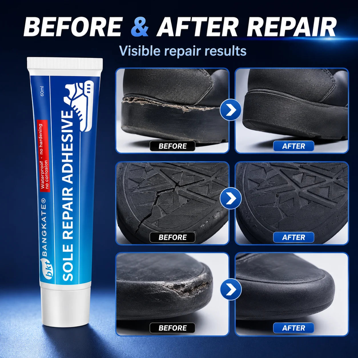 Sole Repair Adhesive 60mL, Waterproof Flexible Shoe Glue for Rubber, Leather, PU and TPR Soles, with Applicator and Sanding Disc