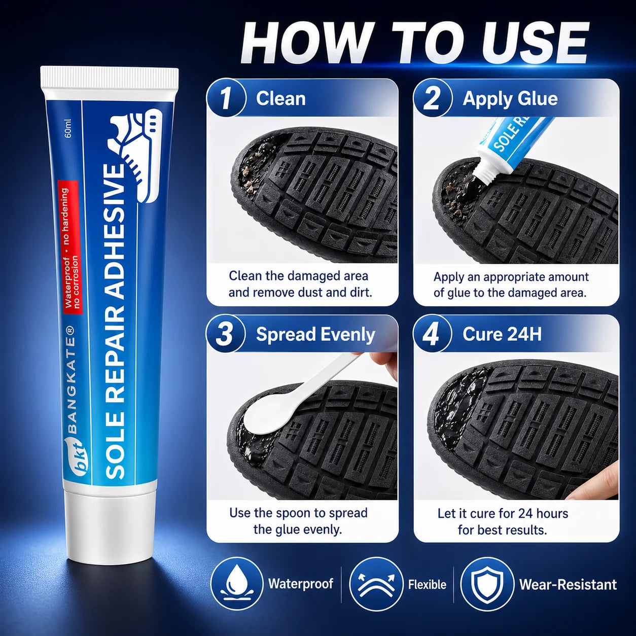 Sole Repair Adhesive 60mL, Waterproof Flexible Shoe Glue for Rubber, Leather, PU and TPR Soles, with Applicator and Sanding Disc