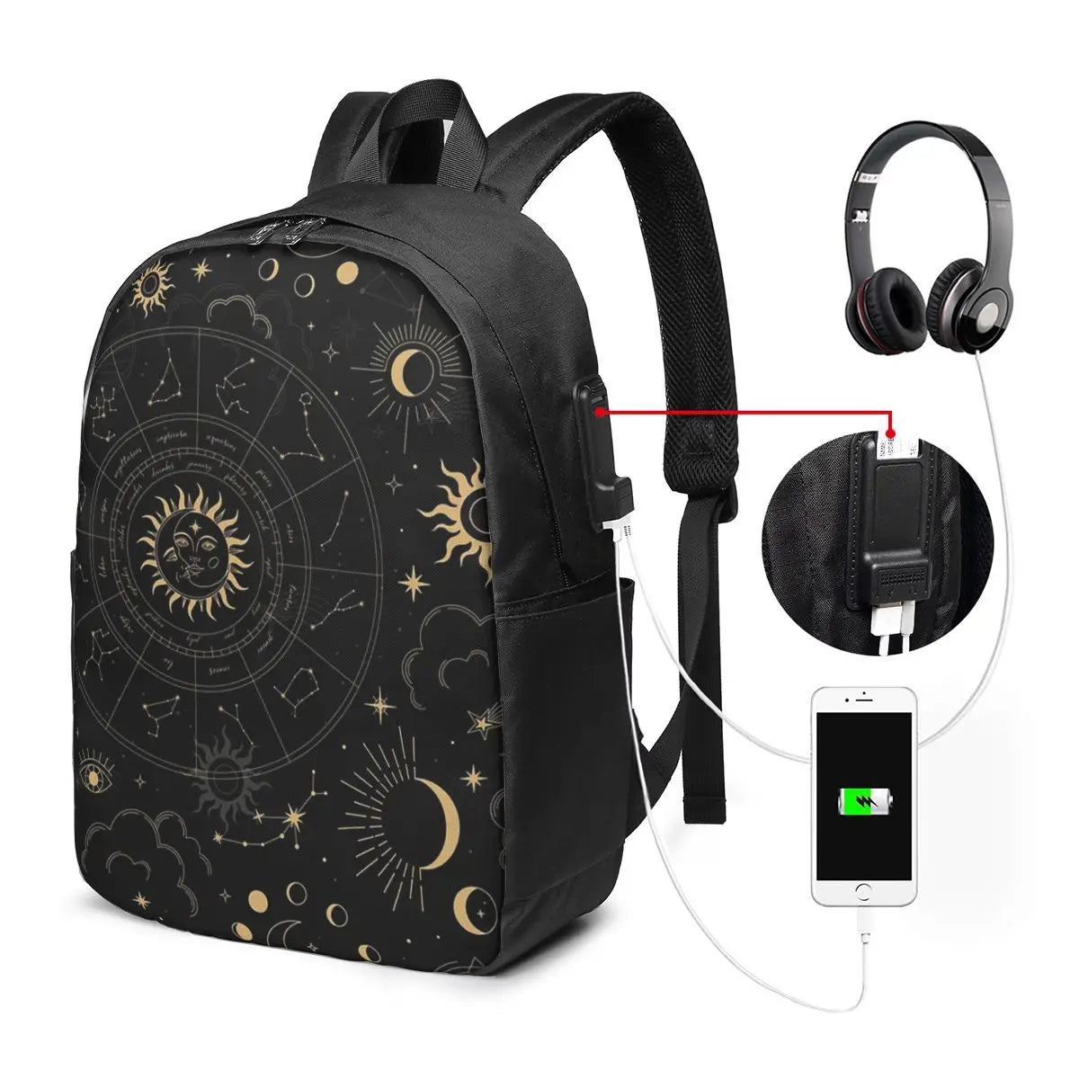 Night Sky Golden Celestial Stars Zodiac Constellations Backpack Travel Notebook Bag Computer College Student School Bag Laptop