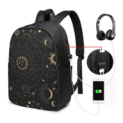 Night Sky Golden Celestial Stars Zodiac Constellations Backpack Travel Notebook Bag Computer College Student School Bag Laptop