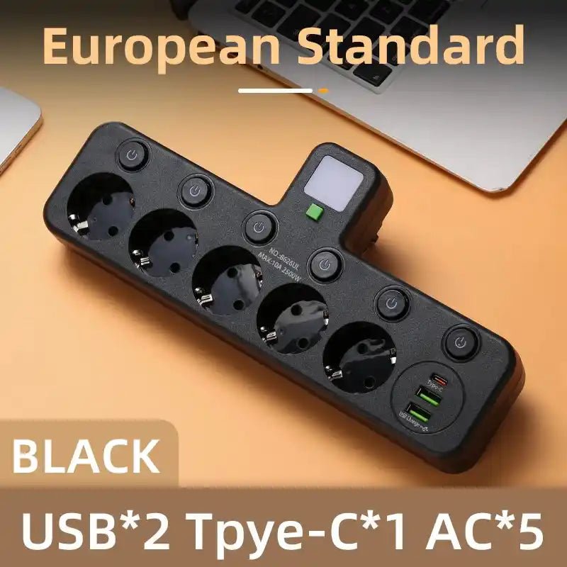 EU plug and socket, 4-pole socket, multifunctional wall plug, with or without extension cords or USB and Type-C interfaces