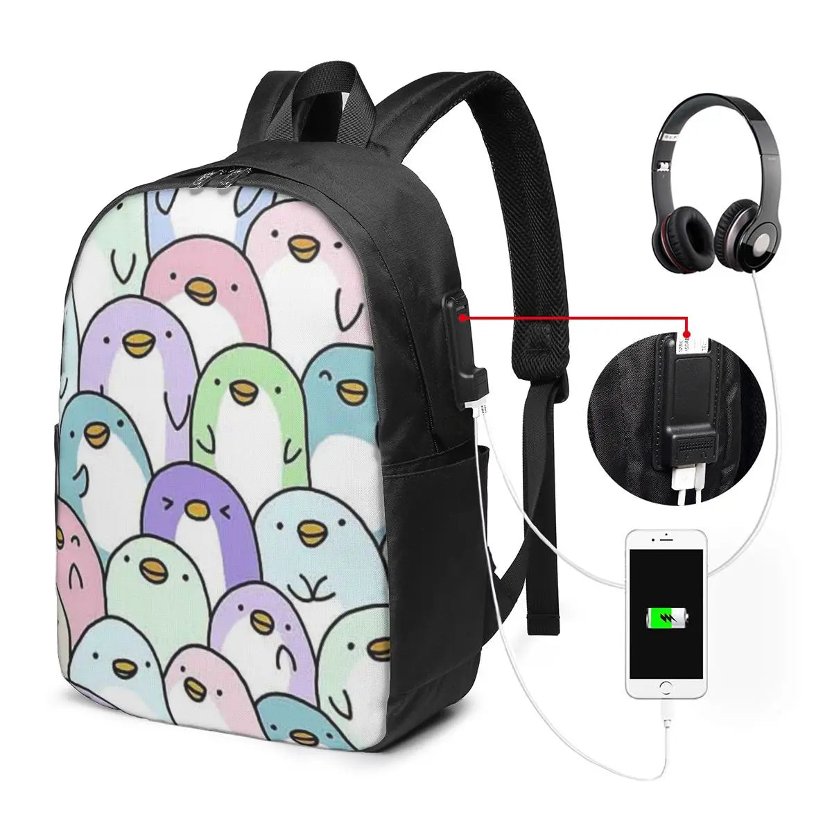 Cute Vector Penguin Backpack Travel Notebook Bag Computer College Student School Bag Laptop Shoulder Bags for Men Women