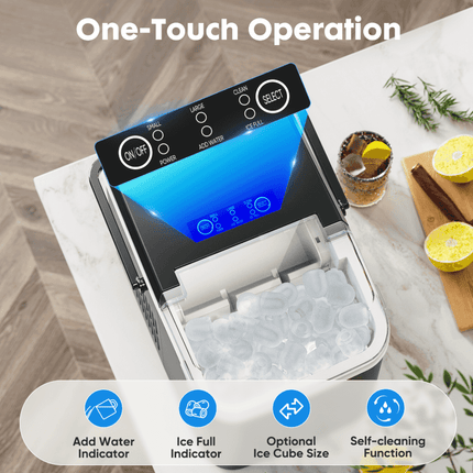 One-Touch Operation ice maker with self-cleaning function and water indicator features.