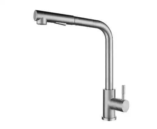 Stainless Steel Kitchen Faucet with Pull-Down Sprayer and Modern Design.